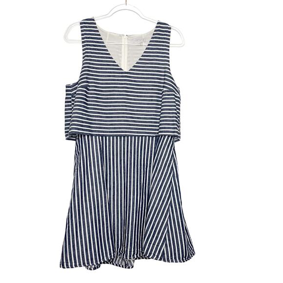 1. STATE Striped Linen Cotton Popover Fit & Flare Mini Dress Navy White Size L - Picture 1 of 7